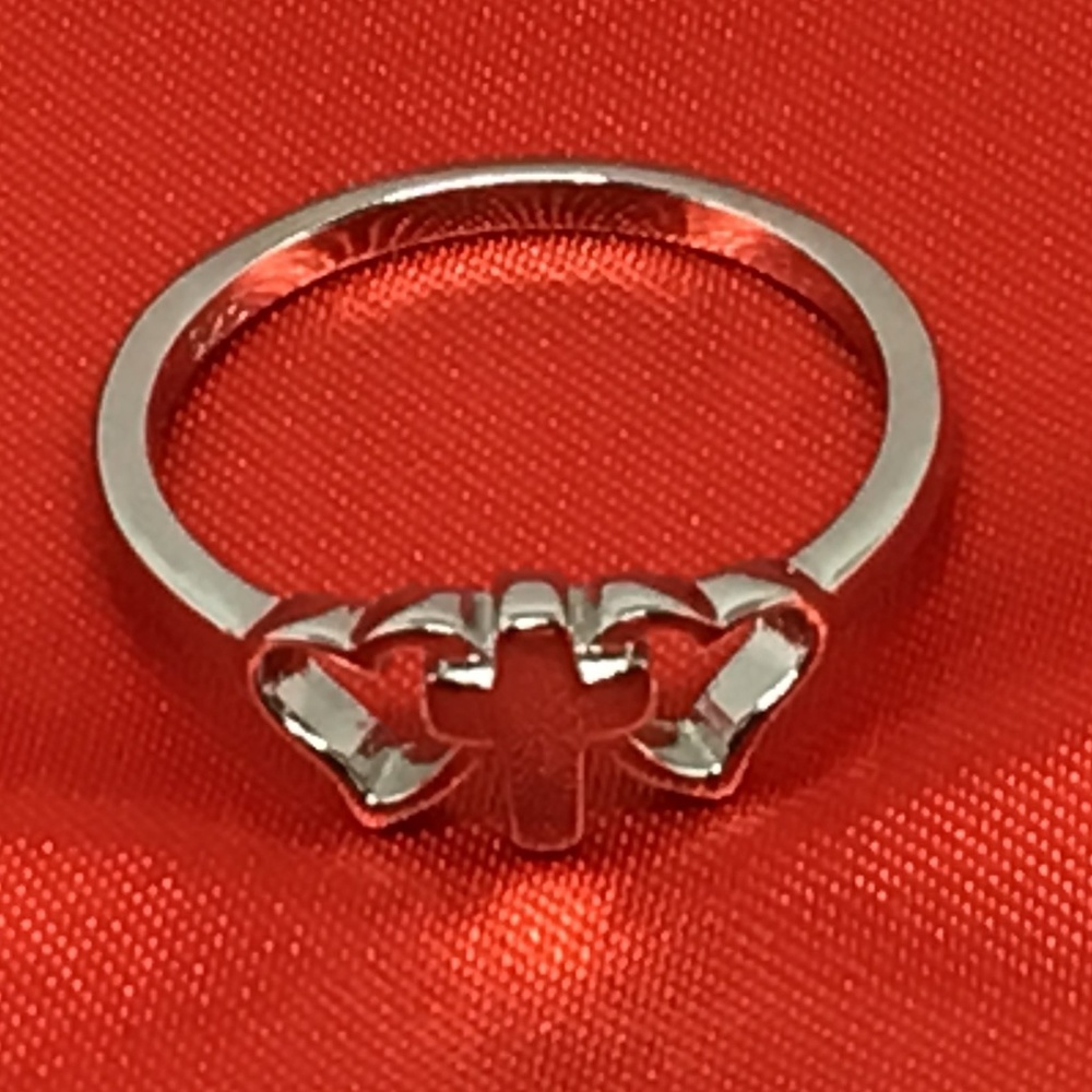 Sterling Silver Ring Cross surrounded by 2 Hearts